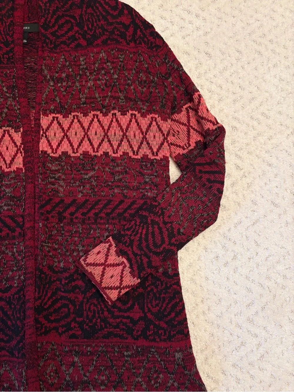Forever 21 Long Cardigan Sweater Size Small Dark Burgundy Southwest Cotton